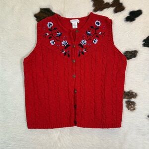 Vintage Red Embroidered Knit Vest | Floral Cable Knit | Size XL